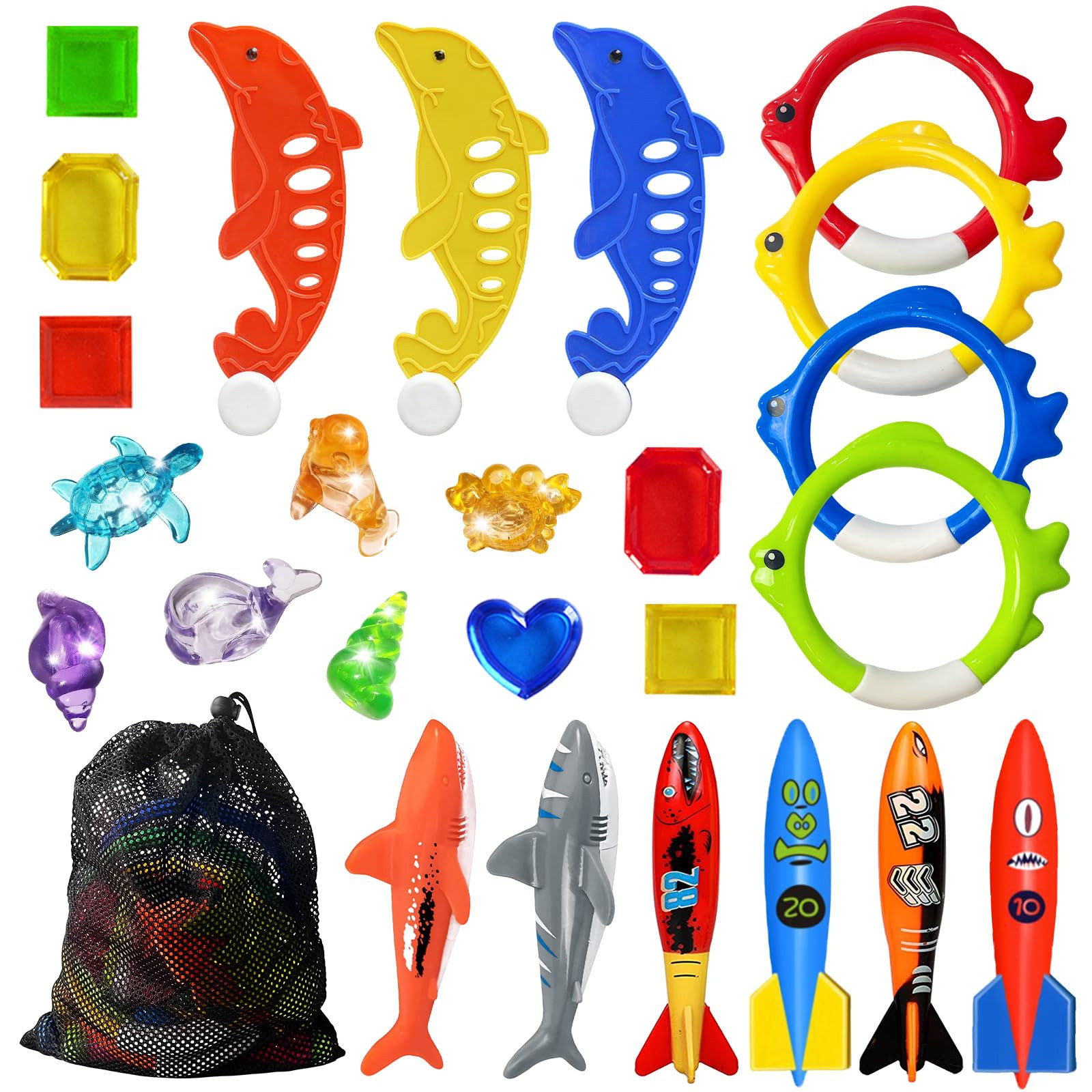 Jasonwell Pool Diving Toys Games - 25PCS Swimming Pool Toys with Dive Sticks and Rings Underwater Treasures Torpedo Bandits Fish Toy etc Fun Water Swim Toy for Boys Girls Adults Kids Teens | Amazon (US)