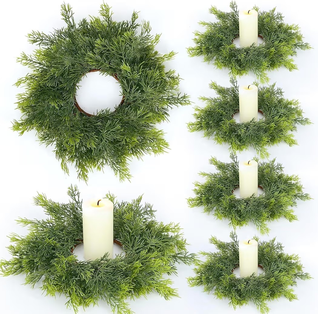 6 PCS Christmas Candle Rings Wreath Artificial Green Norfolk Cedar Mini Candle Ring Holder Small ... | Amazon (US)