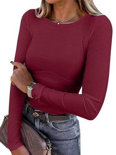 ANRABESS Womens Long Sleeve Shirts Seamed Cup Crewneck Rib Knit Slim Tight Basic Top 2025 Fall Dressy Casual Corset T-Shirts Wine Red Small | Amazon (US)