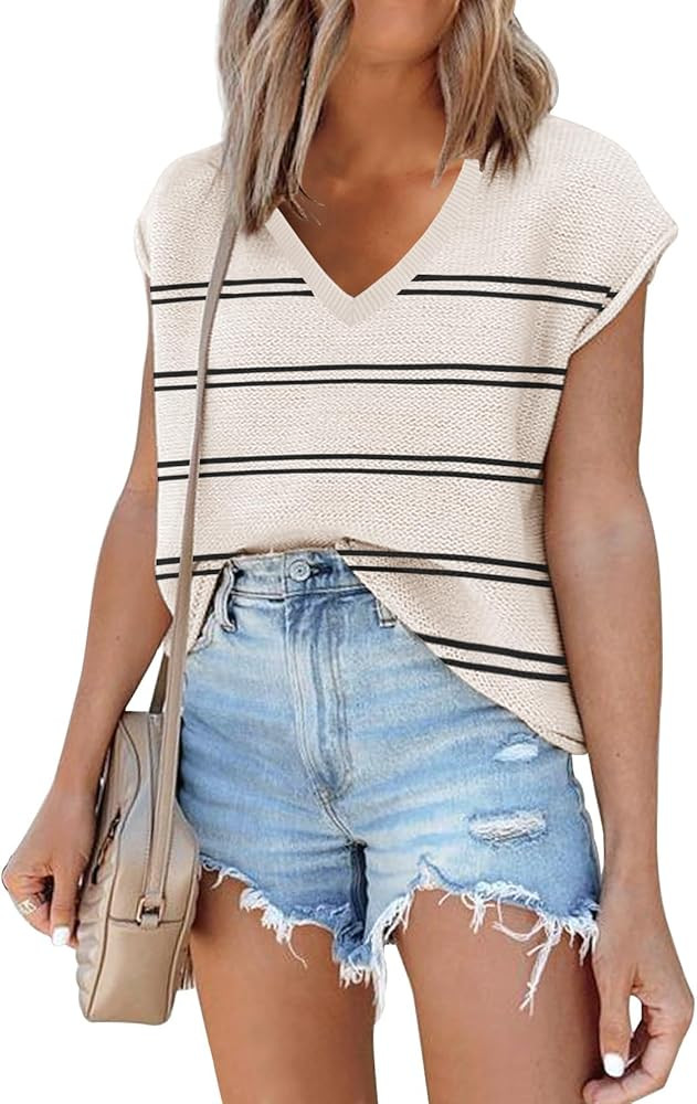 SAUKOLE Women's Sleeveless Sweater Vest Casual V Neck Cap Sleeve Knit Pullover Tank Tops 2024 Spr... | Amazon (US)