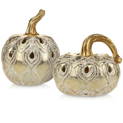 Hollyone Fall Pumpkin Decor 2 PCS Champagne Gold Resin Pumpkins Figurines Fake Pumpkins Faux Pumpkins Rustic Farmhouse Centerpiece for Thanksgiving Harvest Halloween Autumn Fall Decorations for Home | Amazon (US)