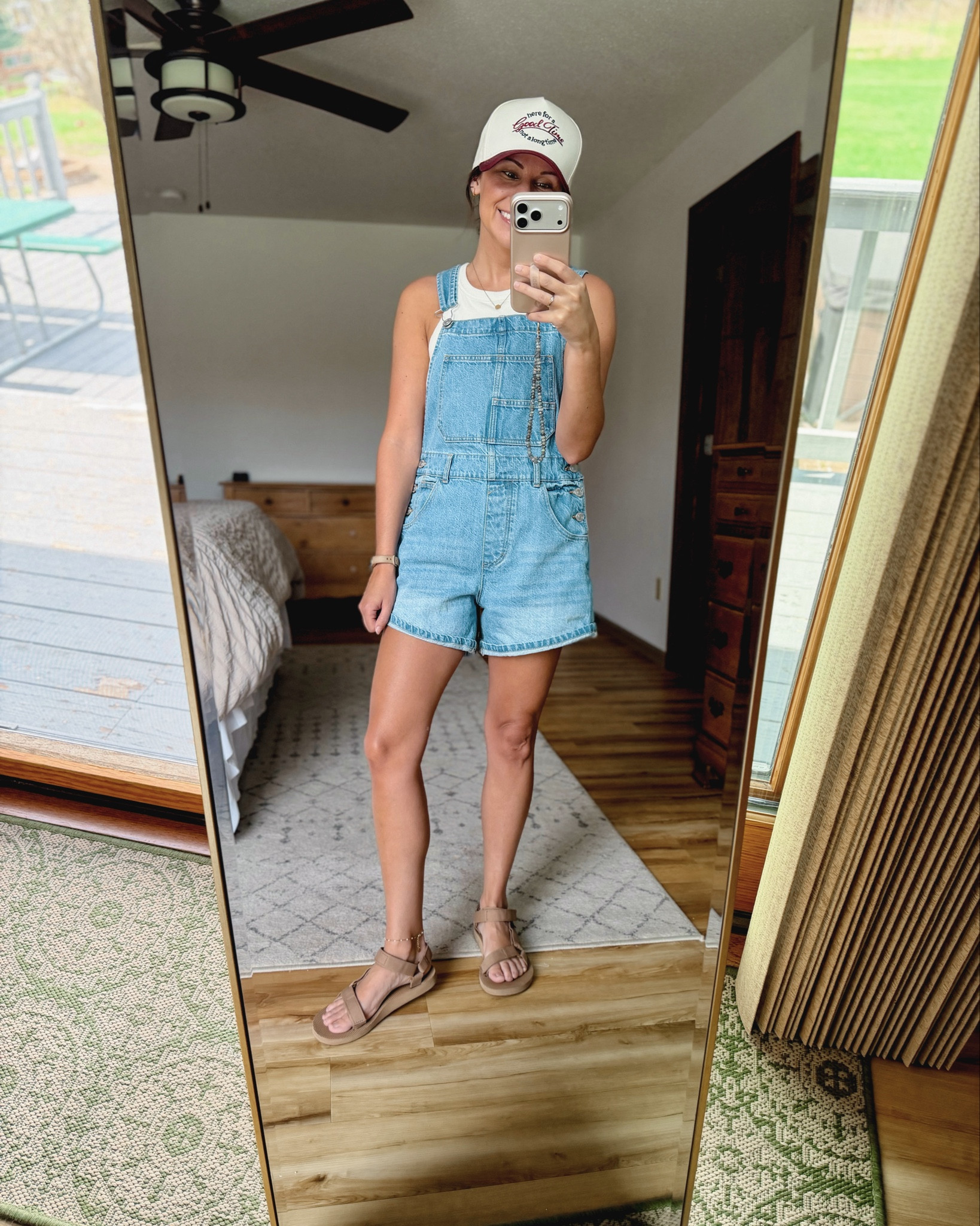 xs in my overalls (organic cotton and super comfy! Shrink a little bit in the wash). Small on my tank top (built in bra🙌🏽) and 6 in my sandals.
 This baseball cap is so cute too! 

#LTKgrwm #LTKootd #LTKPetite