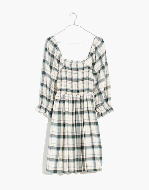 Lucie Elbow-Sleeve Smocked Mini Dress in Lebaum Plaid- Madewell | Madewell