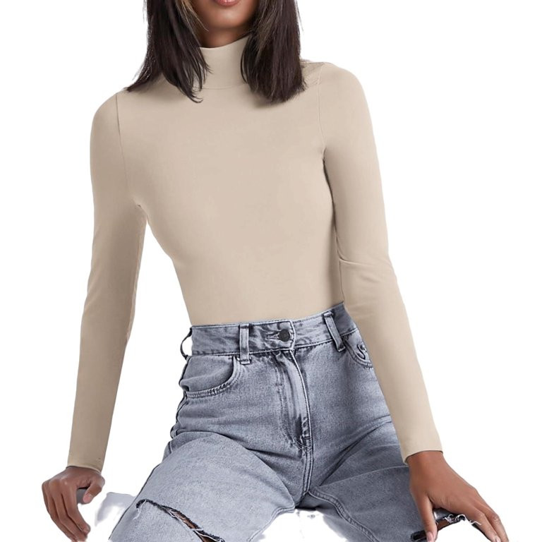 Casual Solid High Neck Fitted Tee Long Sleeve Beige Women T-Shirts (Women's) | Walmart (US)