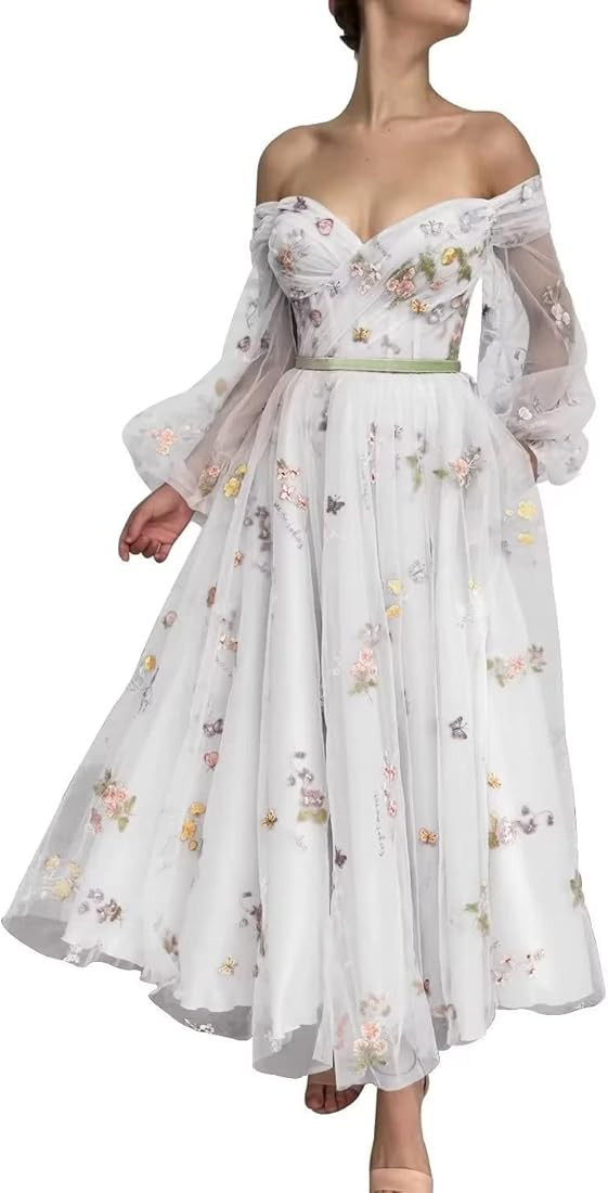 SUOLUOS Women's Puffy Sleeve Tulle Prom Dresses Flower Embroidery Formal Evening Party Gowns | Amazon (US)