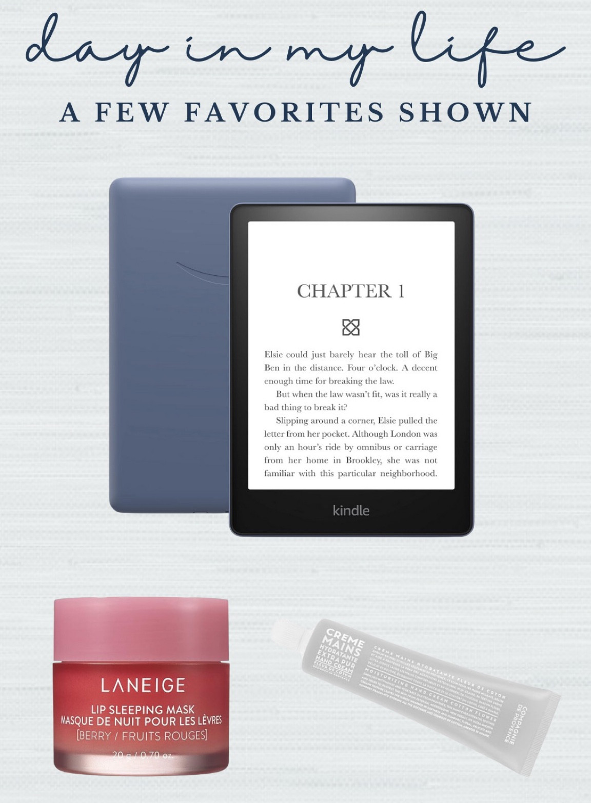 Bedside table essentials include hand lotion, lip balm, and my kindle! 