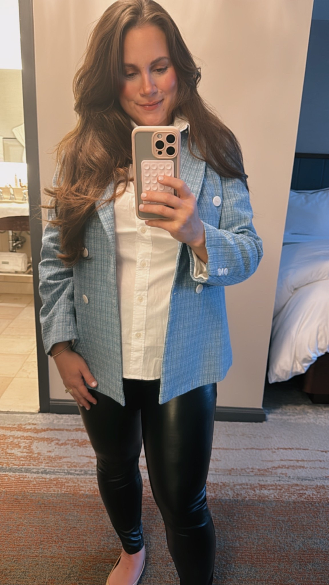 Loved this blazer for a headshot that I recently had to do 🩵 Also, you can't see it but the blouse underneath has feathers and it is perfection! 

#LTKWorkwear #LTKMidsize #LTKBump