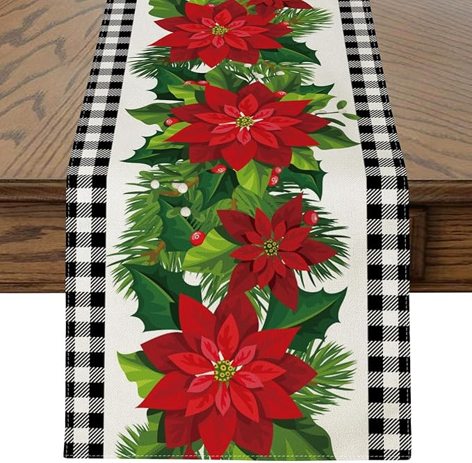 OTOSTAR Black and White Buffalo Check Plaid Holly Christmas Flowers Table Runner, Xmas Seasonal W... | Amazon (US)