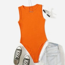 Summer Neon Orange Solid Skinny Round Neck Bodysuit | SHEIN