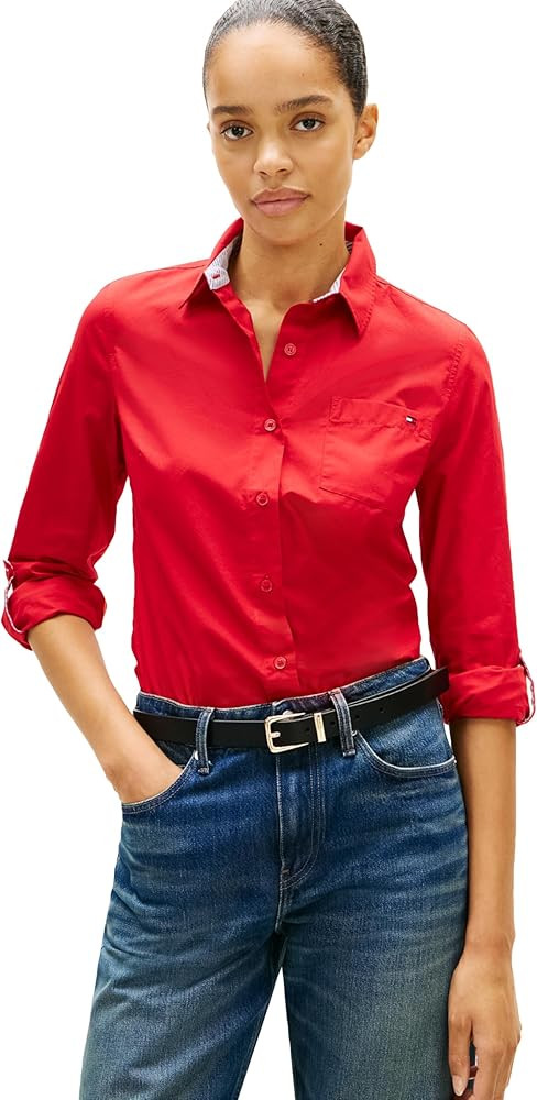 Amazon.com: Tommy Hilfiger Women's Regular Poplin Roll Tab Long Sleeve Button Up Shirt, Primary R... | Amazon (US)
