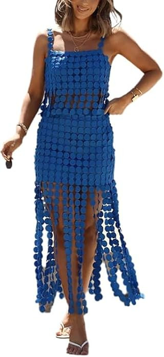 2 Piece Sets for Women Boho Fringe Hem Camisole Top with Midi Skirt Beach Vacation Cruise Outfits | Amazon (US)