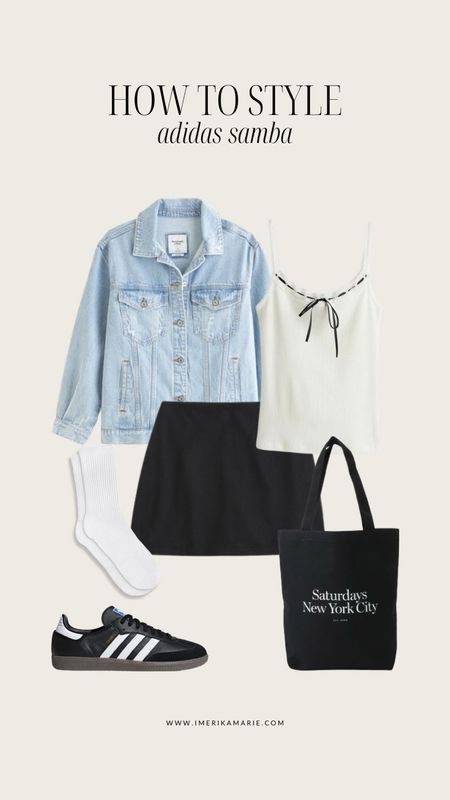 Black adidas samba outfit. Spring outfit. Summer outfit. Denim jacket. Black mini skirt. Tote bag

#LTKstyletip #LTKfindsunder100 #LTKshoecrush