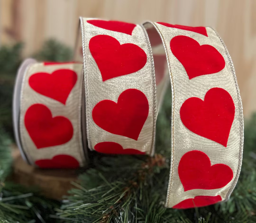 Red Flocked Hearts Wired Ribbon 2.5” Farrisilk Holiday Craft Supplies | Etsy (US)