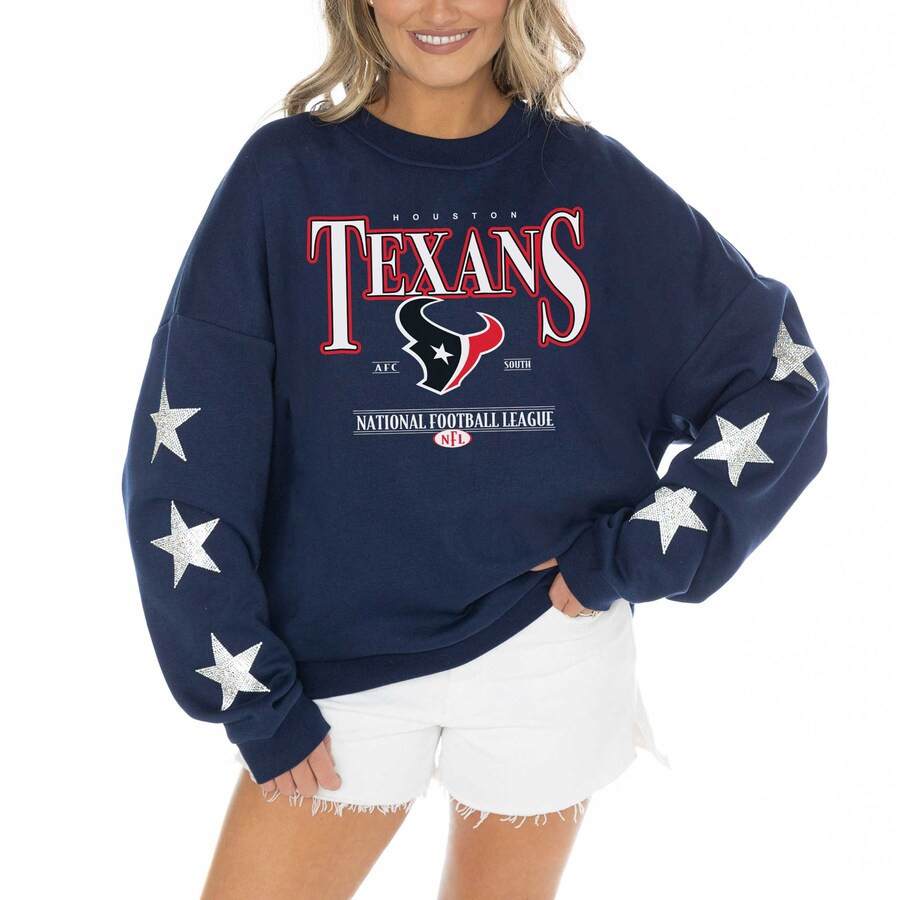 Women's Houston Texans Gameday Couture Navy Rhinestone Star Sleeve Settle the Score Tri-Blend Pul... | NFL Shop