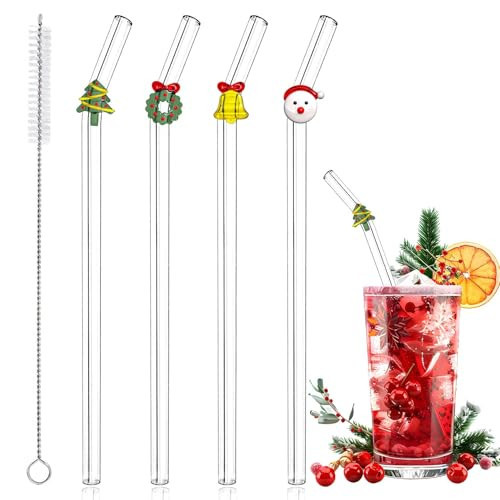 4 Pcs Christmas Reusable Glass Straws, Cute Christmas Shaped with Cleaning Brush for Coffee, Smoothies, Milkshake, Glass Straws with Charms for Xmas Party and Decoration, Christmas Gift | Amazon (US)