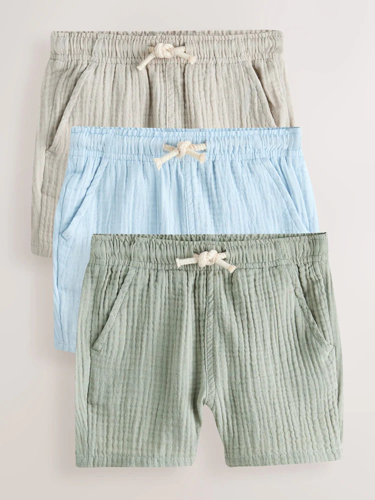 Neutral/Sage Green/Pale Blue Soft Textured Pull on Shorts 3 Pack (3mths-7yrs) | Next US