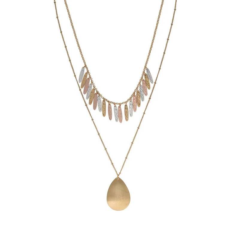 The Pioneer Woman Hammered Mixed Metal Multi Layer Teardrop Pendant Necklaces - Walmart.com | Walmart (US)