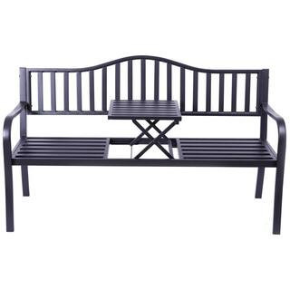 Outdoor Powder Coated Steel Park Bench, Garden Bench with Pop Up Middle Table, Lawn Decor Seating Bench | The Home Depot