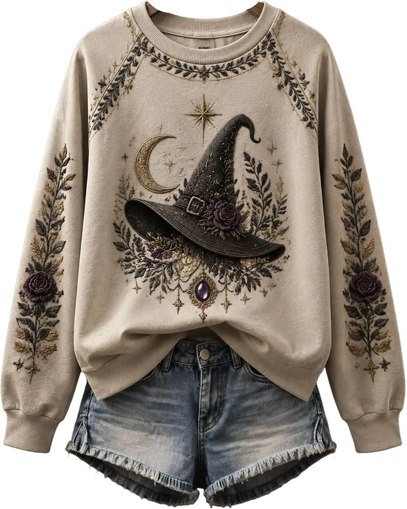 Women\u2019S Halloween Dark Witch Printed Casual Loose Sweatshirt Salem 1692 Shirt Horror Top | Amazon (US)