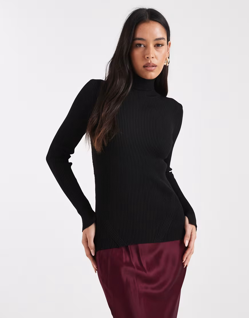 ASOS DESIGN longline fine knit ribbed funnel neck top in black | ASOS (Global)
