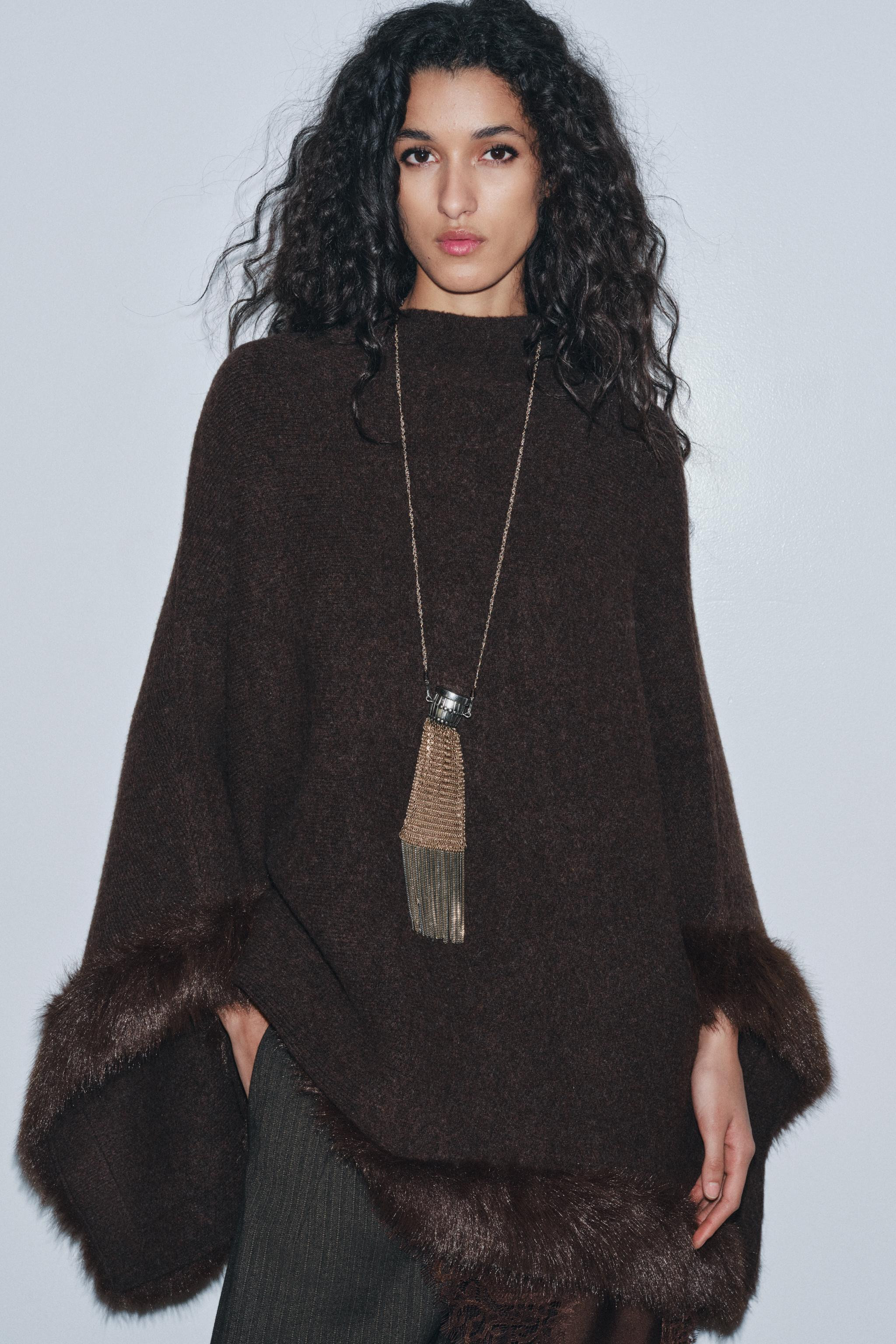 FAUX FUR KNIT CAPE PONCHO | Zara US