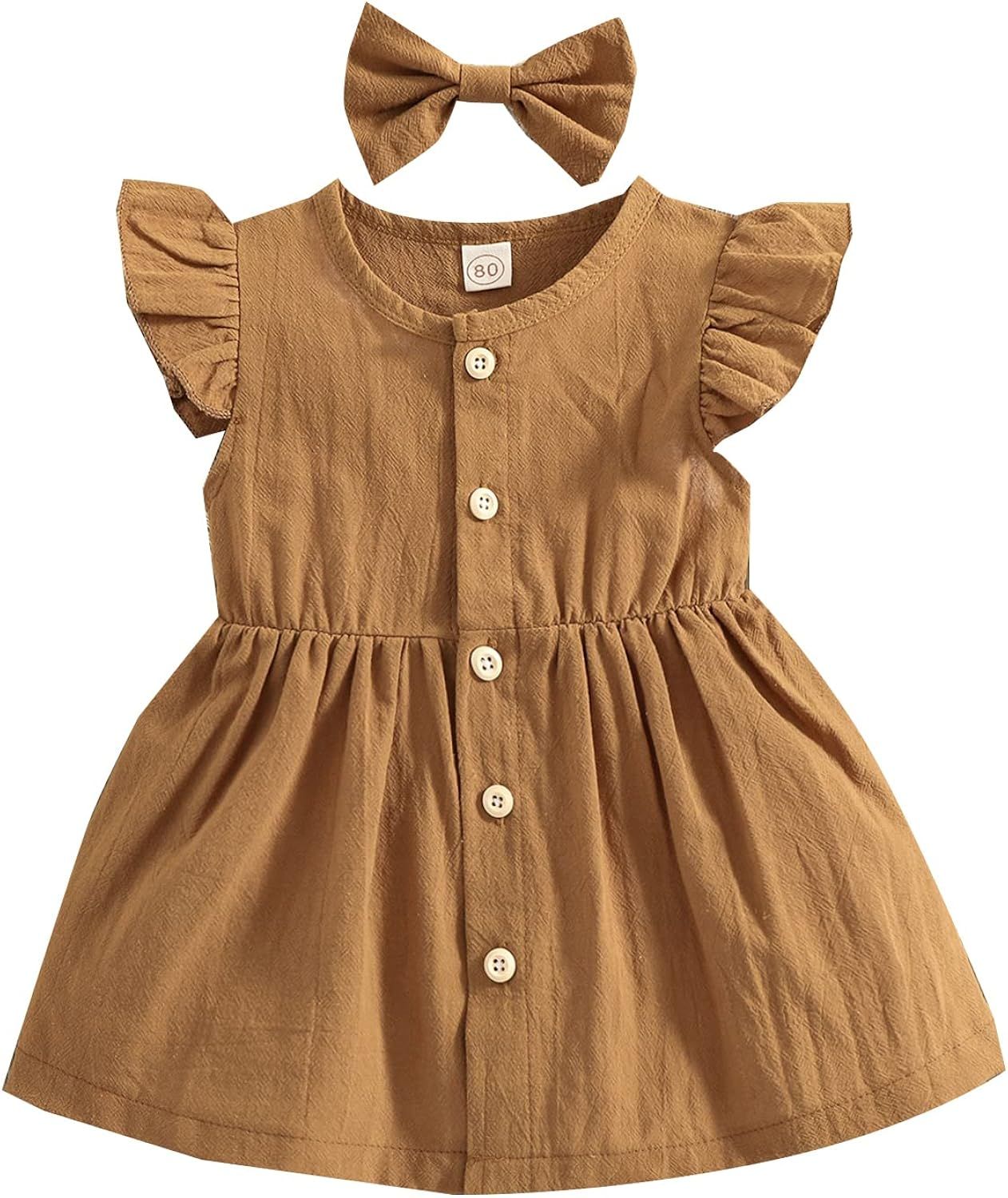 Toddler Baby Girls' Cotton Linen Fly Sleeve Button Down Summer Dresses with Headbows | Amazon (US)
