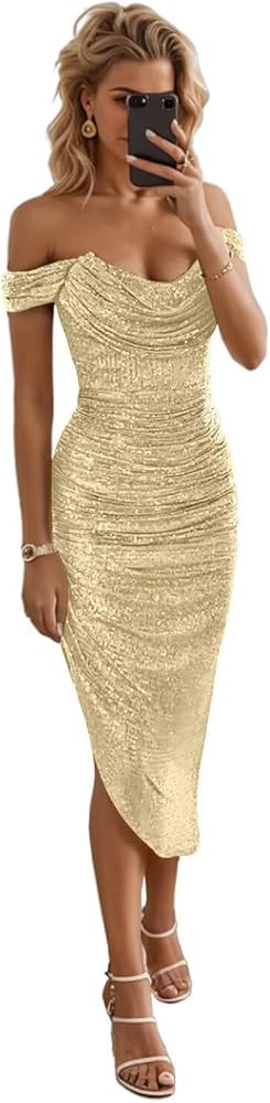 UZN Midi Sequin Prom Dresses Off Shoulder for Women 2026 Sparkly Tight Short Homecoming Dress | Amazon (US)