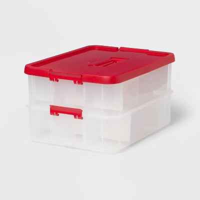24ct Stack and Carry 2 Layer Ornament Box Clear with Lid Latch Handle Red - Brightroom™ | Target