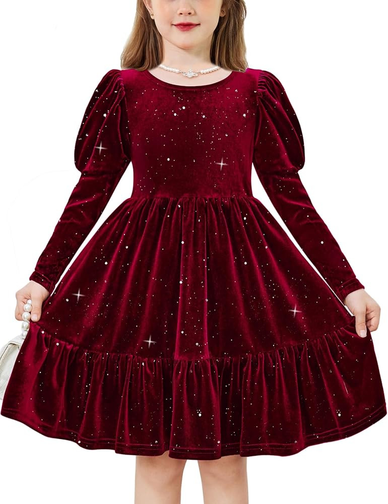 Arshiner Toddler Velvet Dress Girls Puff Long Sleeves Crew Neck Party Fall Winter Ruffle Dresses ... | Amazon (US)