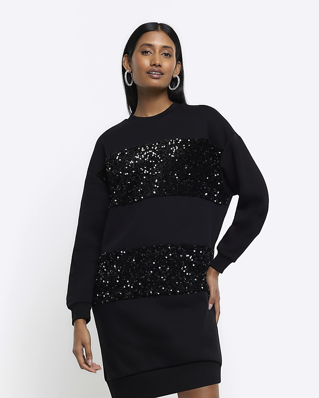 Black sequin sweatshirt mini dress | River Island (UK & IE)