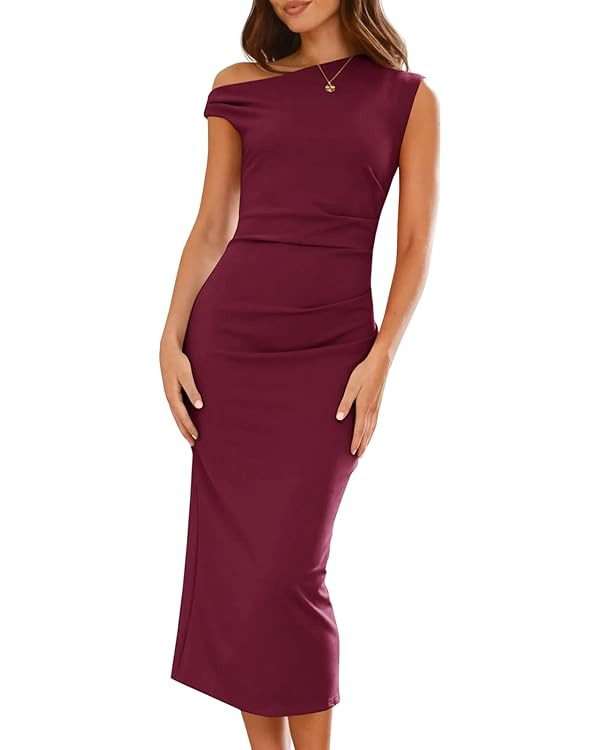 Wenrine Womens One Shoulder Midi Dress Elegant Bodycon Sleeveless Knit Ruched Slit Cocktail Party... | Amazon (US)