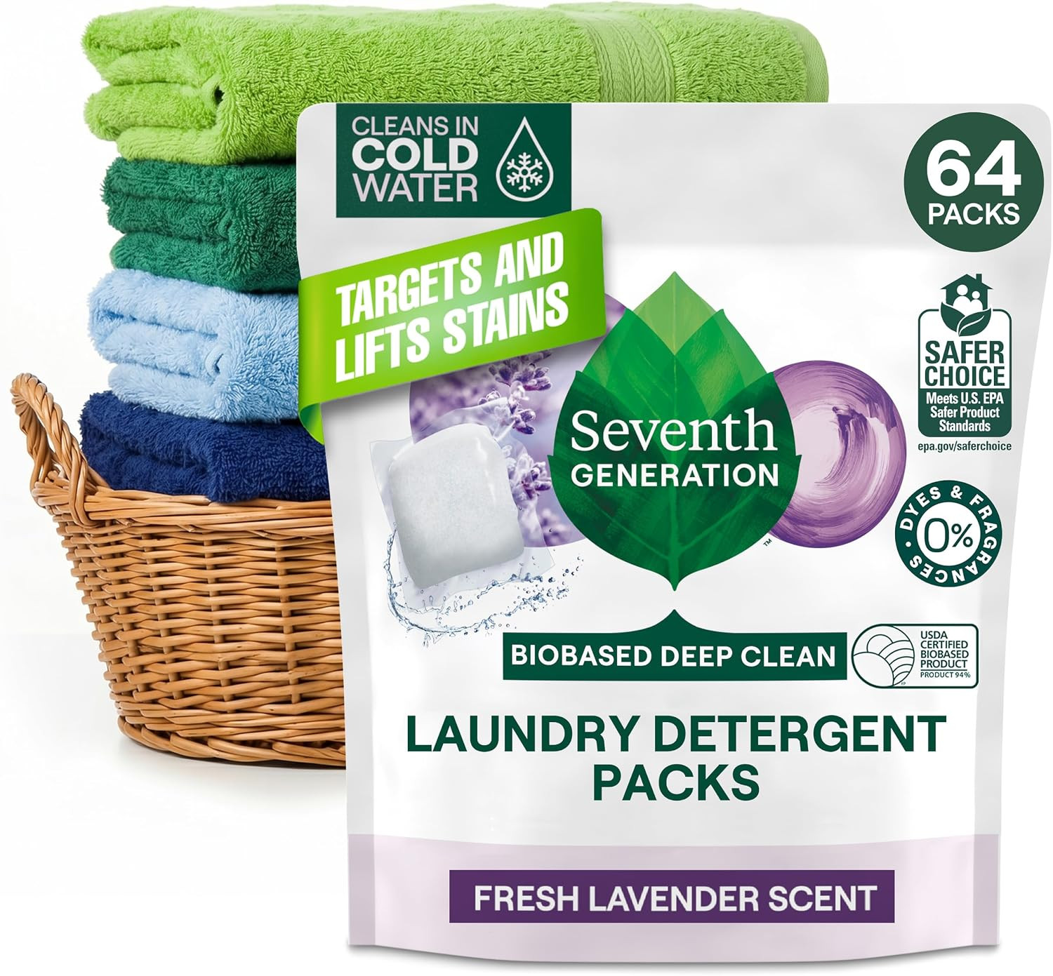 Seventh Generation Laundry Detergent Packs, Lavender, Biobased Deep Clean, 64 Count | Amazon (US)