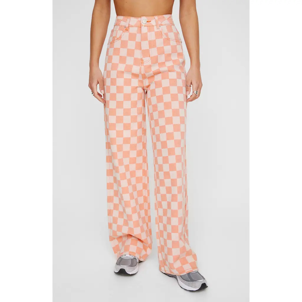 NASTY GAL Checkerboard High Waist Baggy Pants in Orange at Nordstrom, Size 0 | Nordstrom