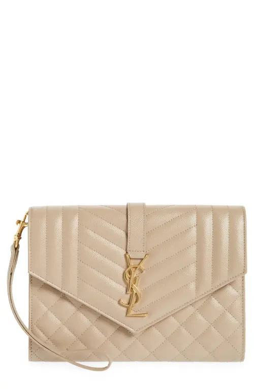 Saint Laurent Monogram Matelassé Leather Clutch in Beige at Nordstrom | Nordstrom