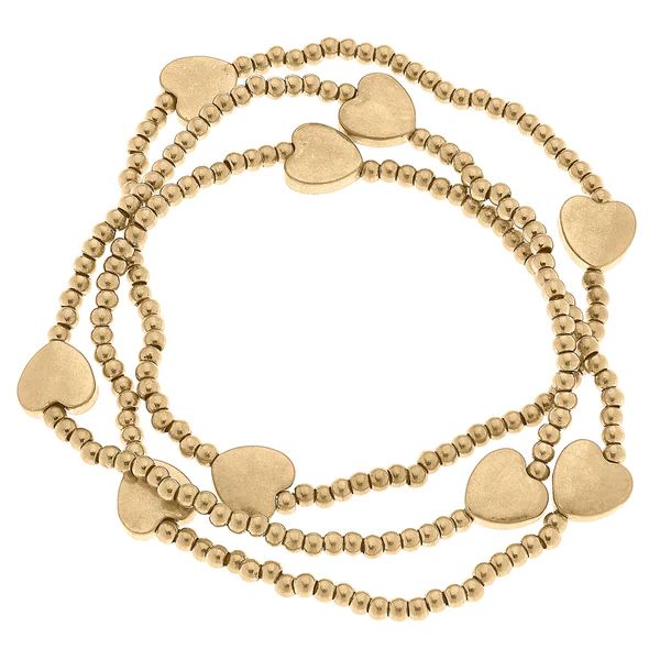 Macy Heart Stacking Stretch Bracelets in Worn Gold - Set of 3 | CANVAS