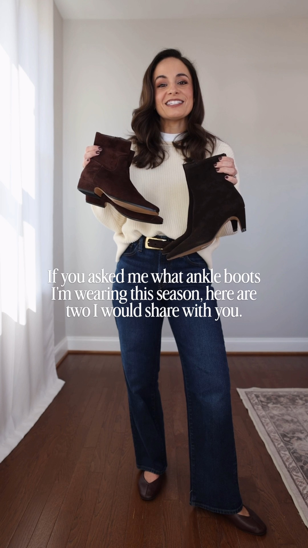If you asked me what ankle boots I would recommend for you, here are two options! 

Karlie Boots (Dolce Vita): true to size 
Dusty Boots (Steve Madden): size up 1/2 size 

Jeans (Madewell): petite 24 / 10 3/8” rise / 28” inseam 
Sweater (Madewell): xxs 
T-Shirt (Old Navy): petite xs 
Ballet Flats (Madewell): sold out in exact color, will link similar 

Other outfits shown 
Plaid pants (BR Factory): petite 00 
Brown top (Quince): xs 
Taupe pants (LOFT): petite 00 
Marled Sweater (Gap): petite xs
Dark Jeans (J.Crew Factory): petite 24 

My measurements for reference: I’m 4’10” and 105lbs. My bust, waist, and hip measurement is 32”, 24”, and 36”.