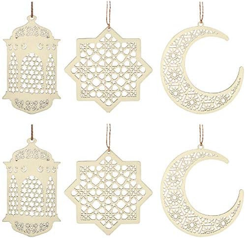 6 Pieces Wooden Pendant Ornament Ramadan Kareem Decoration Moon Star Wind Light Shape Pendant Orn... | Amazon (US)