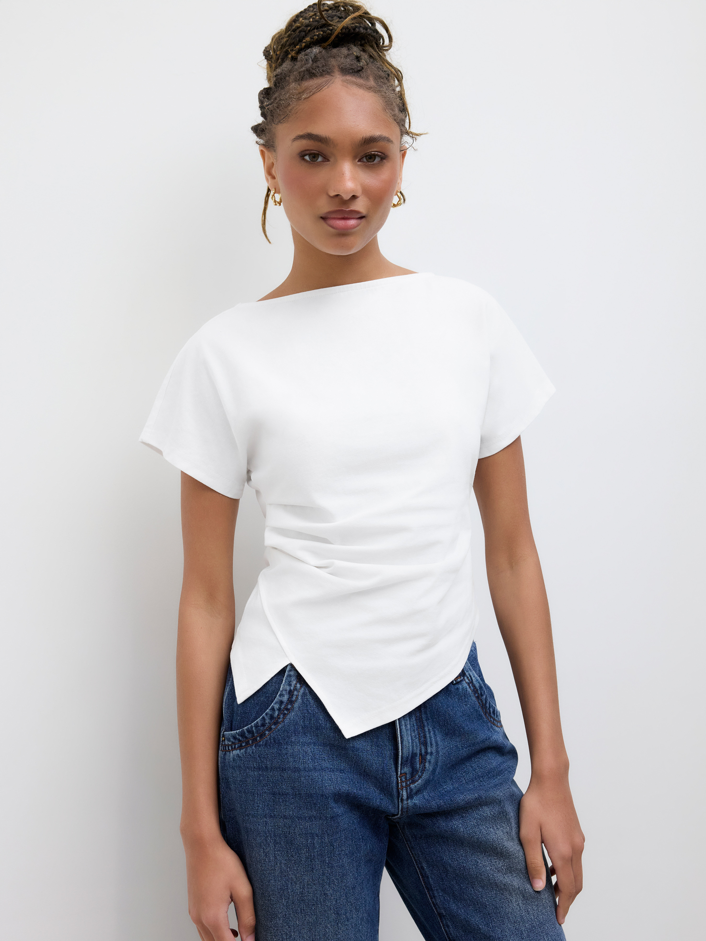 Knit Fabric Cotton-blend Boat Neck Ruched Asymmetrical Hem Tee For Daily Casual | Cider
