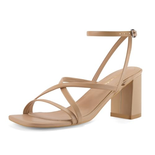 Shoe'N Tale Strappy Heels for Women Block Chunky Heels Open Square Toe Ankle Strap Buckle Sandals(8.5,Tan) | Amazon (US)