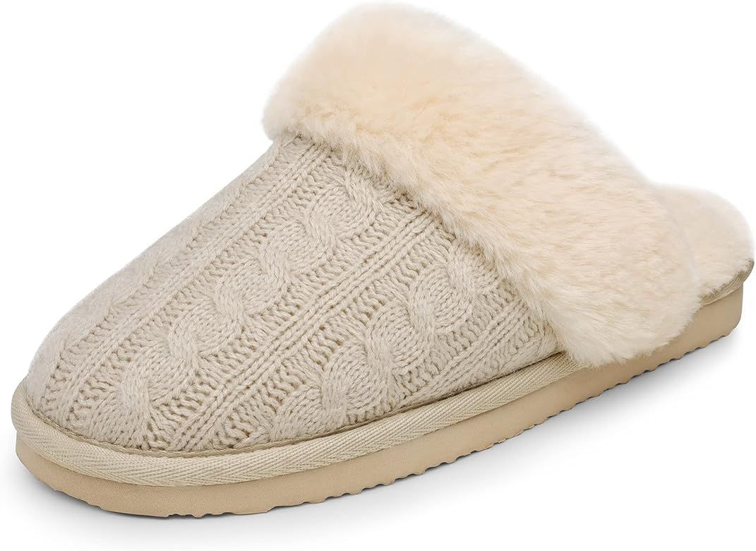 DREAM PAIRS Women's Cable Knit Faux Fur Mules Comfy Slippers | Amazon (US)