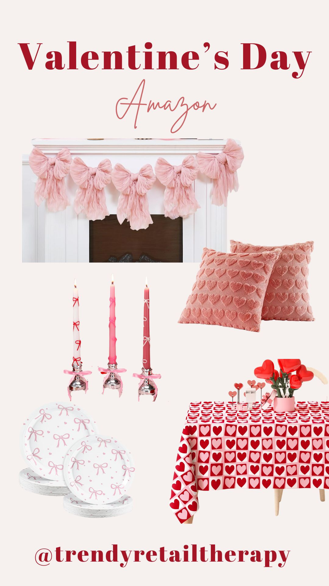Amazon Valentine’s Day decor. Bows. Trendy cute decorations. Pink red. Tablecloth. Candles. Pillows. Hosting. Galentines. Girls night party. 

#LTKFindsUnder100 #LTKParties #LTKHome