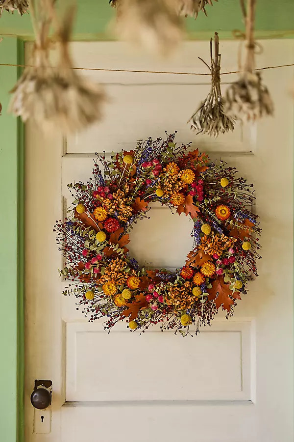 Preserved Flax, Daisy, Strawflower + Amaranthus Wreath at Terrain