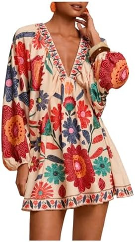RoseSeek Women's Boho Floral V Neck Mini Dresses Bishop Sleeve Tie Open Back Tropical Dress | Amazon (US)
