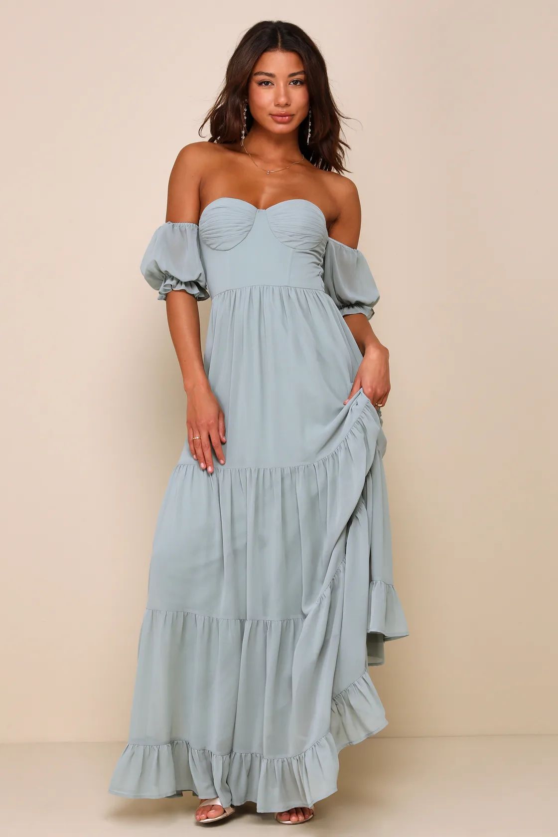 Exceptionally Gorgeous Sage Chiffon Off-the-Shoulder Maxi Dress | Lulus