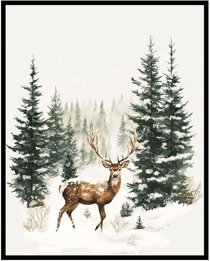 HubbgDesign Deer in Winter Forest Art Print, Nature Wilderness Christmas Tree Decor, Modern Art R... | Amazon (US)
