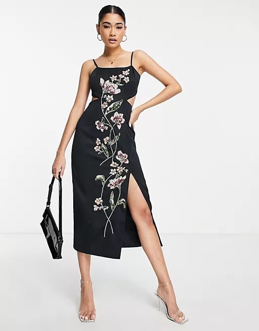 ASOS DESIGN structured midi dress with stencil floral embellishment in black | ASOS (Global)