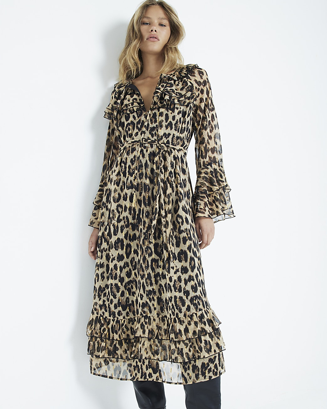 Beige leopard belted frill swing midi dress | River Island (UK & IE)