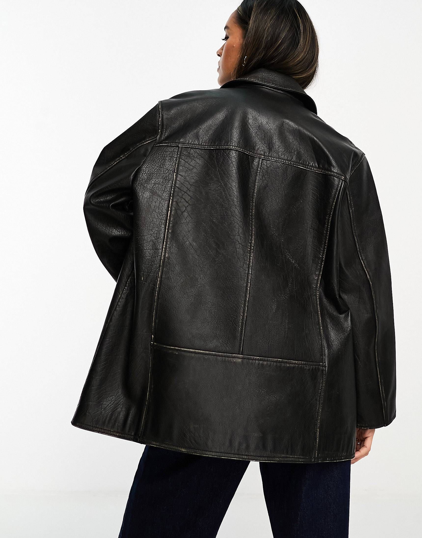 ASOS DESIGN premium washed real leather top collar jacket in black | ASOS (Global)