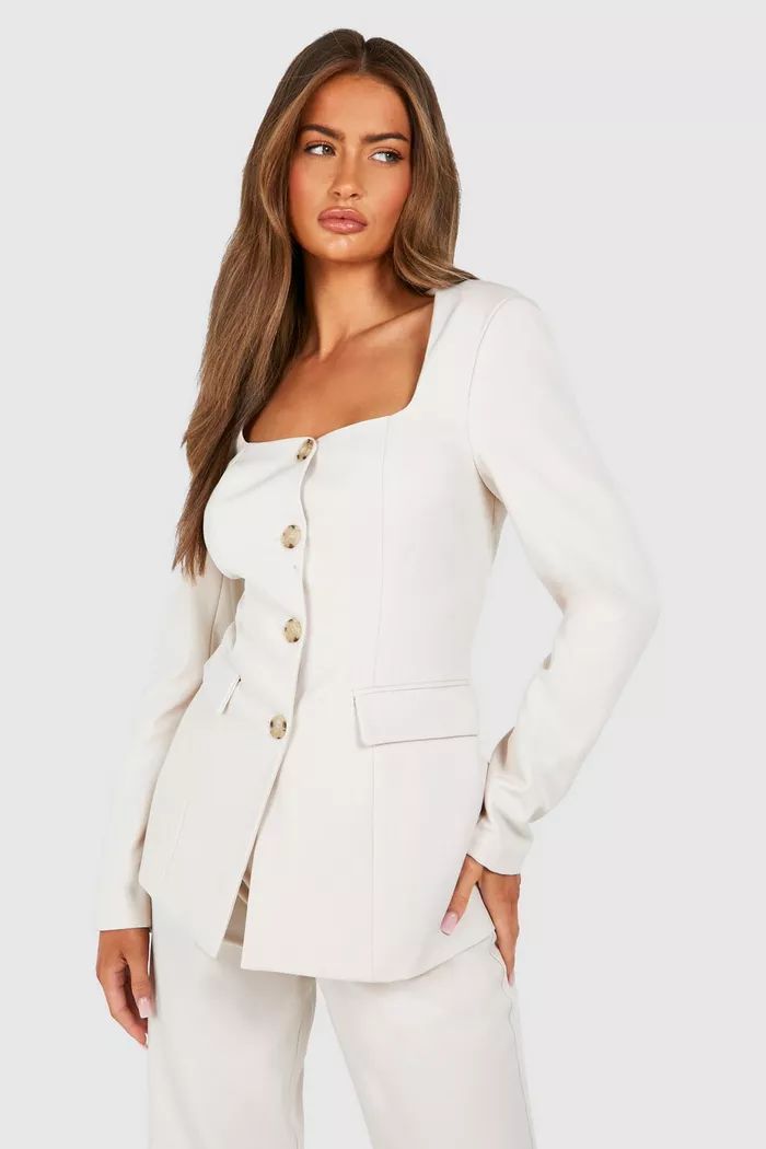 Square Neck Button Front Fitted Blazer | boohoo (US & Canada)