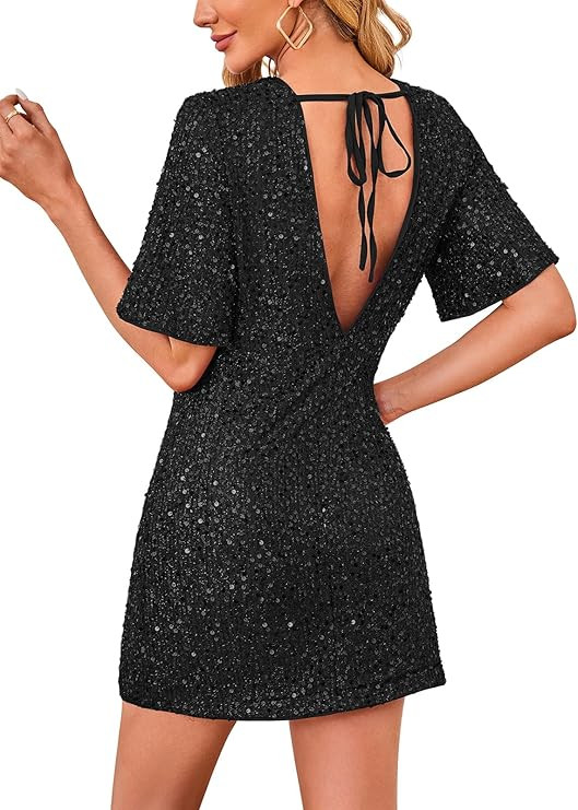Women's Sequin Mini Club Party Dress Short Sleeve Crewneck Tie Backless Velvet Dresses | Amazon (US)